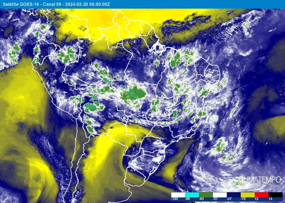 Muita umidade no Brasil: tons de azul, branco e verde indicam áreas com umidade e o amarelo indica  áreas com ar seco