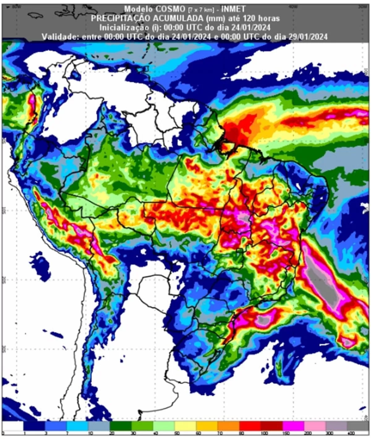 Figura 2: Previsão de precipitação (chuva) acumulada pelo modelo COSMO para o período entre as 00UTC do dia 24 (21h – hora de Brasília do dia 23) as 00UTC do dia 29 (21h – hora de Brasília do dia 28).