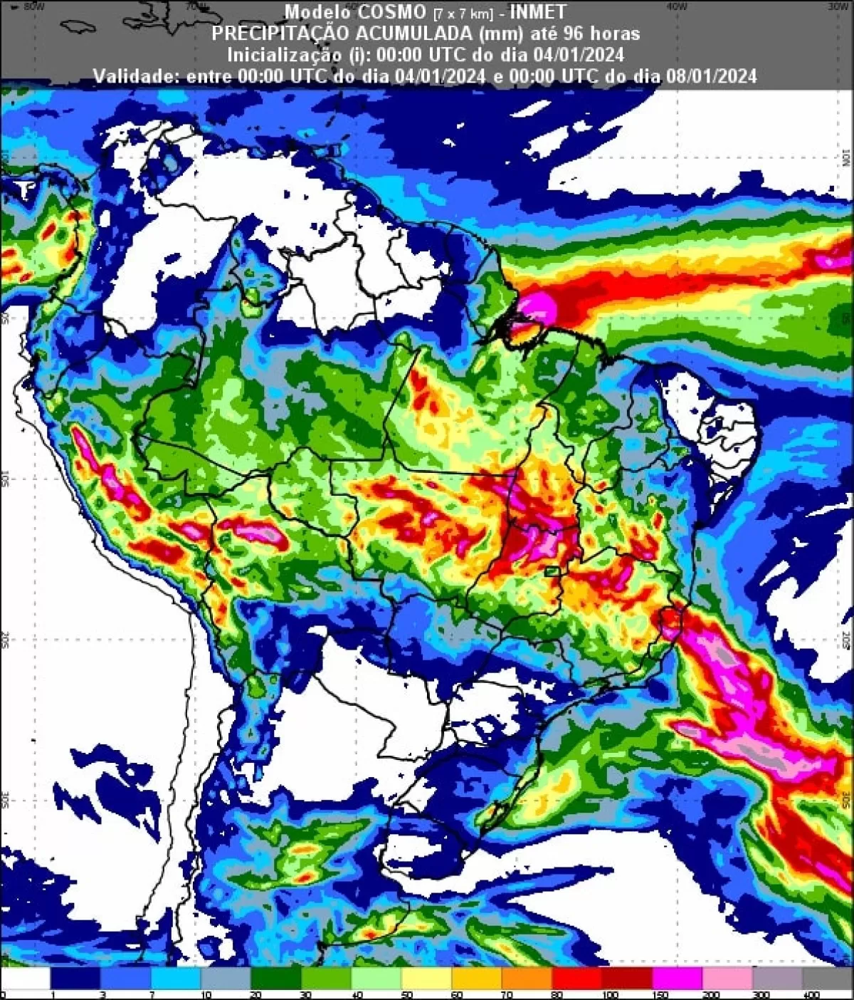 Mapa de chuva acumulada para 4 dias – até as 21h (horário de Brasília) do dia 07/01.