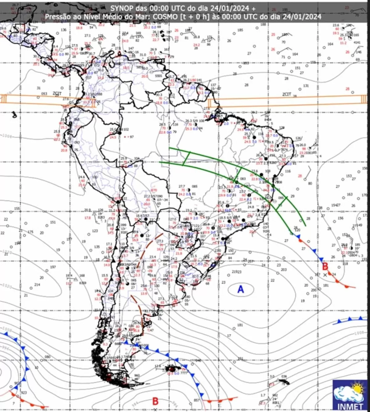 Figura 1: Zona de Convergência do Atlântico Sul (ZCAS) – símbolo em verde, na carta sinótica referente às 21h do dia 23/01/2024, no horário de Brasília.