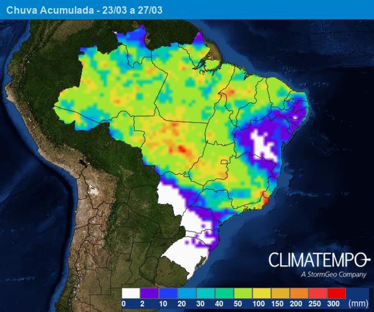 Mapa de acumulado de chuva no Brasil de 23 a 27 de março de 2024. Fonte: Climatempo.